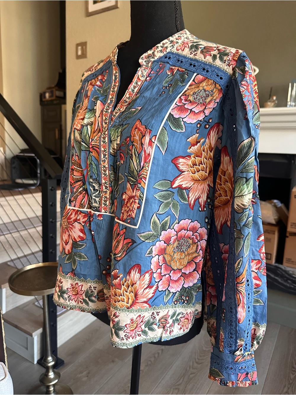 🌺 FARM Rio Wonderful Bouquet Blue Floral Long Sleeve Blouse | Size XS - Picture 5 of 16